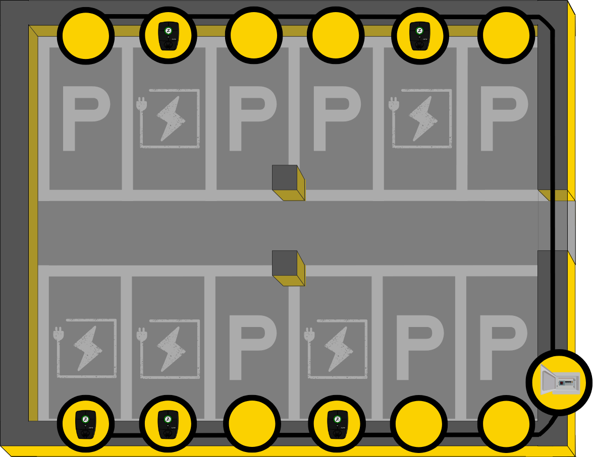 samlet kabel - kablet over døråbning - opdateret 2024 Ladebokse i parkeringskælder - med denne smartere løsning trækkes et samlet kabel, som man slutter ladeboksene til. Illustrationen viser en parkeringskælder, men det kunne lige så vel have været terrænparkering eller carporte.
